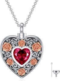 wholesale Sterling Silver Birthstone Angel Wing Cross Rose Heart Cremation Urn Necklace for Women with Funnel Kit ( chars)-Heart Non-personalized 07-Jul-Ruby