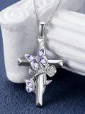 wholesale 925 Sterling Silver Pink Crystal Butterfly & Rose Cross Pendant Necklace Gift for Mom Wife Grandmother-0-14