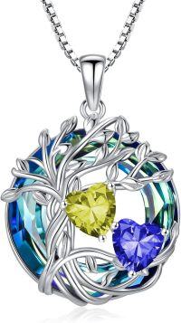 wholesale 18K White Gold Filled Sterling Silver Family Tree Pendant with 2 Heart Birthstones Blue Austrian Crystal Necklace for Women-08-09-Aug-Spet Birthstone