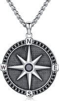 wholesale 925 Sterling Silver Black Crystal Compass Pendant with 3mm Box Chain for Men Women-0-0
