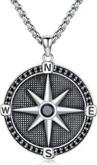 wholesale 925 Sterling Silver Black Crystal Compass Pendant with 3mm Box Chain for Men Women-B Cubic Zirconia Star Compass