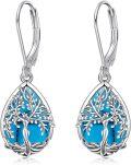 wholesale 925 Sterling Silver Blue Turquoise & Black Tourmaline Tree Of Life Drop Earrings-0-0
