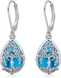 wholesale 925 Sterling Silver Blue Turquoise & Black Tourmaline Tree Of Life Drop Earrings-Turquoise Tree