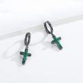 wholesale Black 925 Sterling Silver Green Stone Cross Huggie Hoop Dangle Earrings-0-4
