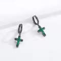 wholesale Black 925 Sterling Silver Green Stone Cross Huggie Hoop Dangle Earrings-0-4
