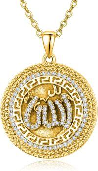 wholesale Gold 925 Sterling Silver Allah Round Medallion Pendant Necklace with Cubic Zirconia and Greek Key Design 24 Chain-2-Allah necklace gold