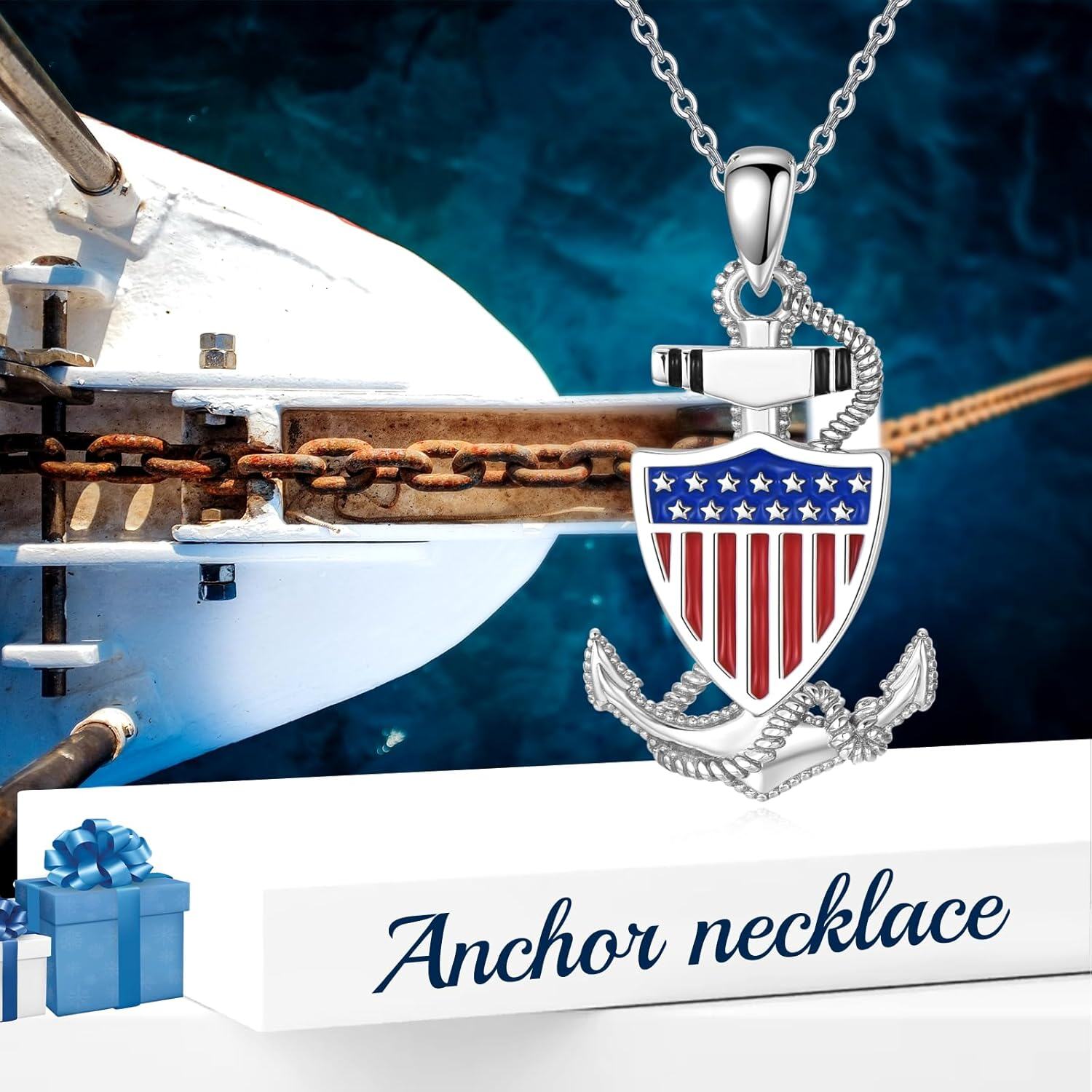  Metal Stone Anchor Necklace American Flag Nautical Pendant Jewelry Gift for Women Girls -0-3