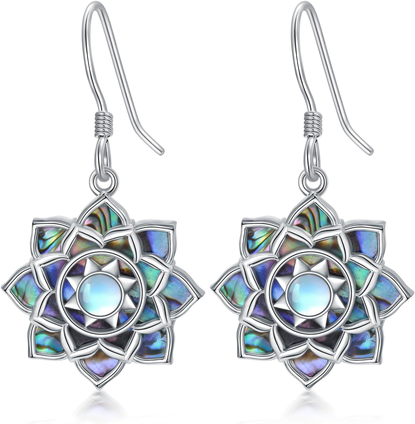  Sterling Silver Abalone Shell Moonstone Hummingbird Butterfly Lotus Dangle Earrings for Women -Lotus