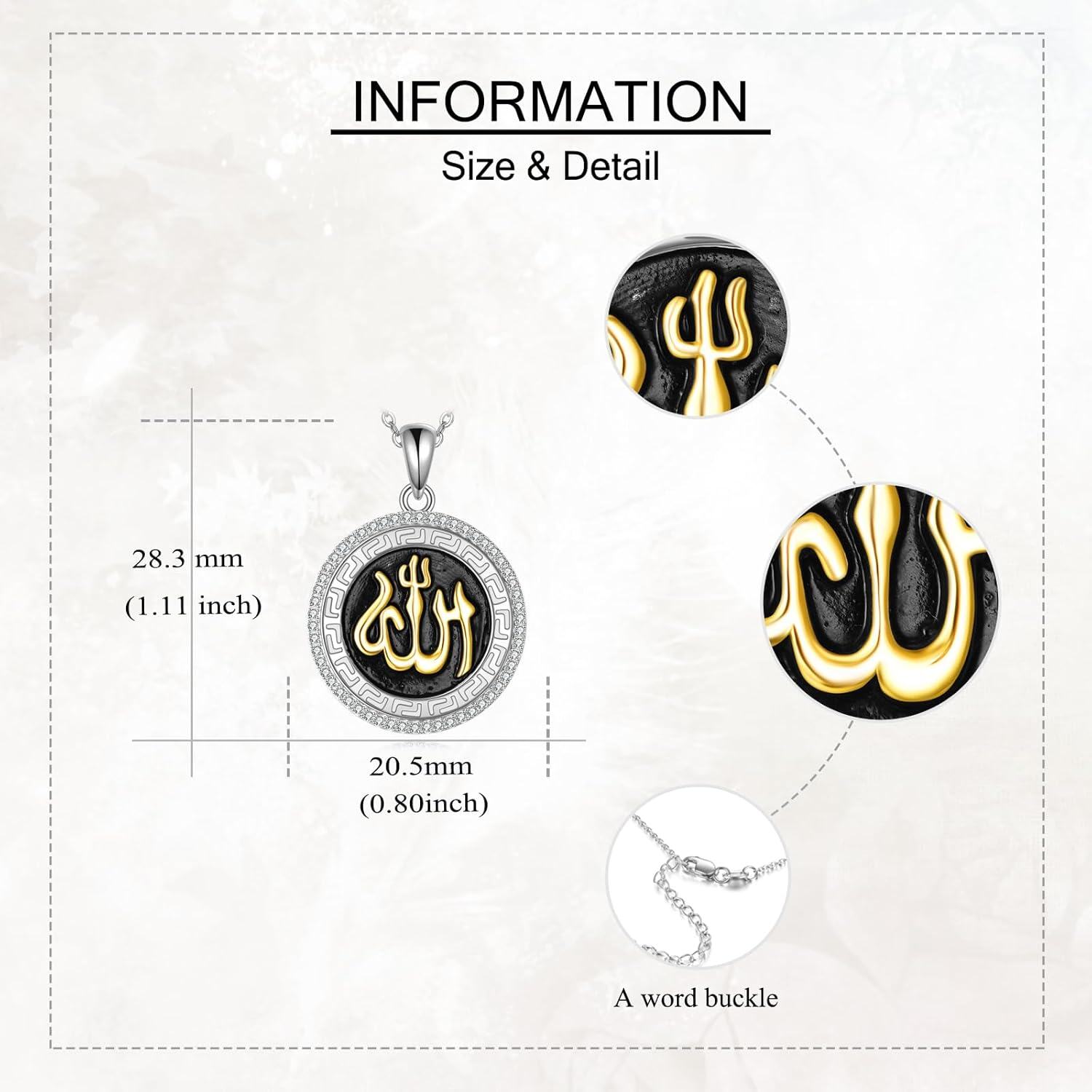 925 Sterling Silver Round Allah Pendant Necklace with Black and Gold Accents - Islamic Muslim s for Her-0-2