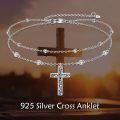 wholesale 925 Sterling Silver Christian Baptism Double Chain Cross Anklet Jewelry with Cubic Zirconia and Beads for Women Girls Gift-0-5
