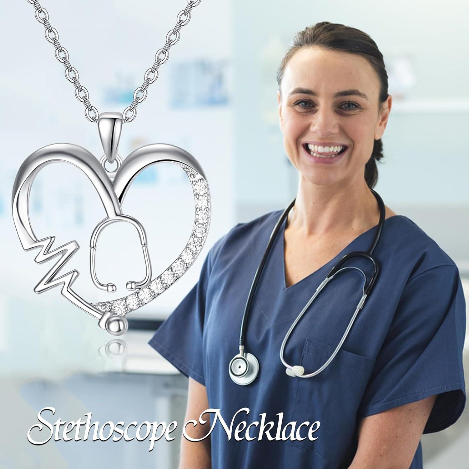 Sterling Silver Heart Caduceus Stethoscope Pendant Necklace for Women-0-1