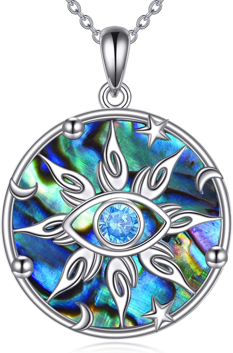  Sterling Silver Abalone Shell Evil Eye Necklace for Women Sun Moon Star Pendant Gift -0-0
