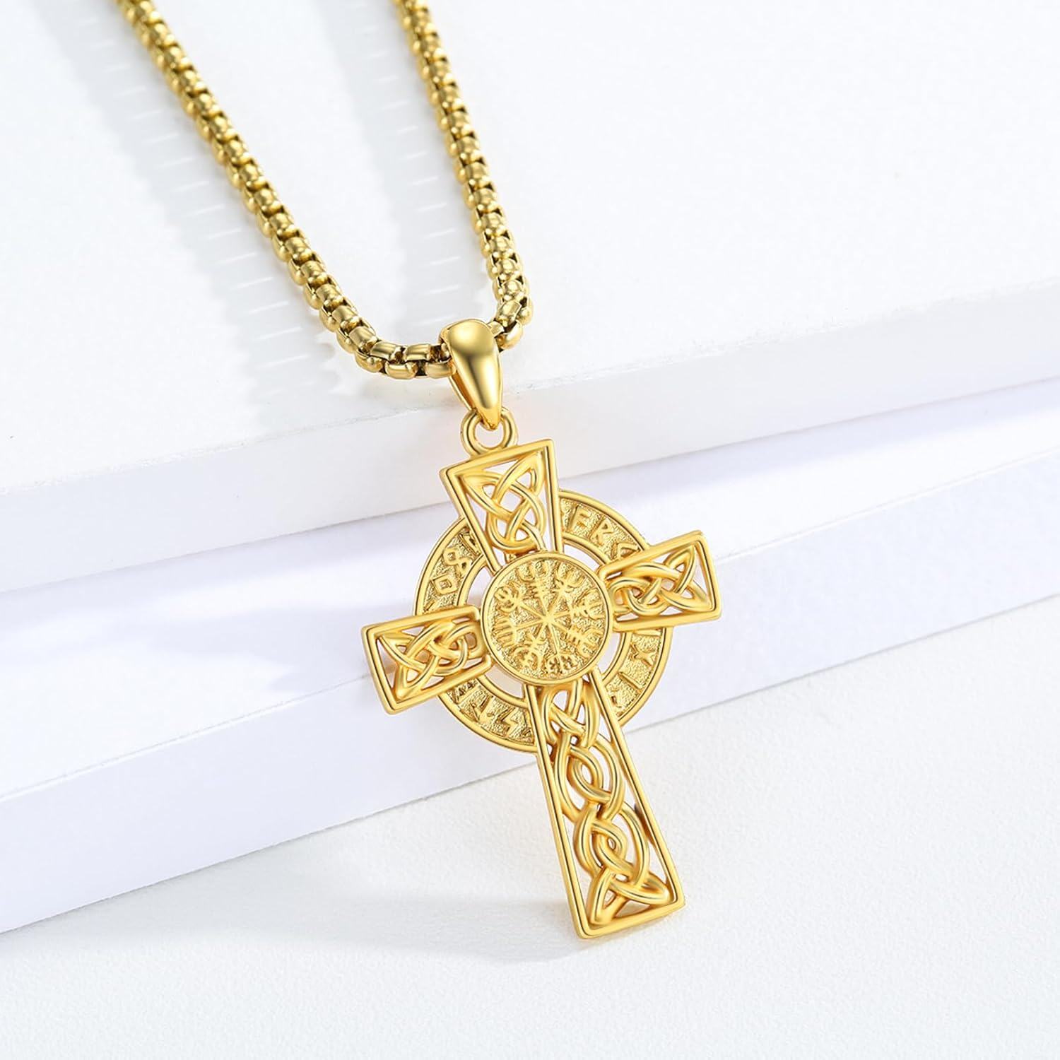 Gold 925 Sterling Silver Norse Vegvisir Compass Pendant with Valknut and Knotwork Design Chain Necklace for Men & Women-0-3