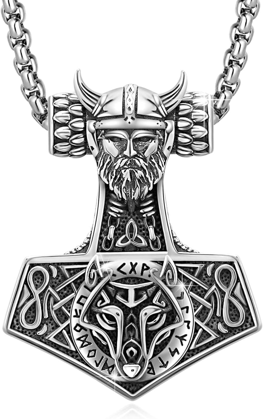 wholesale Stainless Steel Viking Wolf Head Thors Hammer Pendant Norse Jewelry with Stainless Steel Chain-0-0