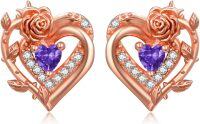 wholesale 925 Sterling Silver Rose Heart Birthstone Stud Earrings for Women-02 Feb - Amethyst