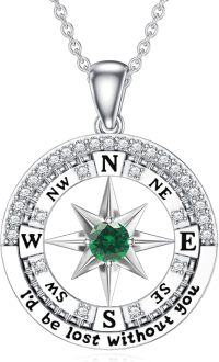 wholesale Sterling Silver Compass Birthstone Necklace  I d Be Lost Without You Pendant Jewelry for Women-Green