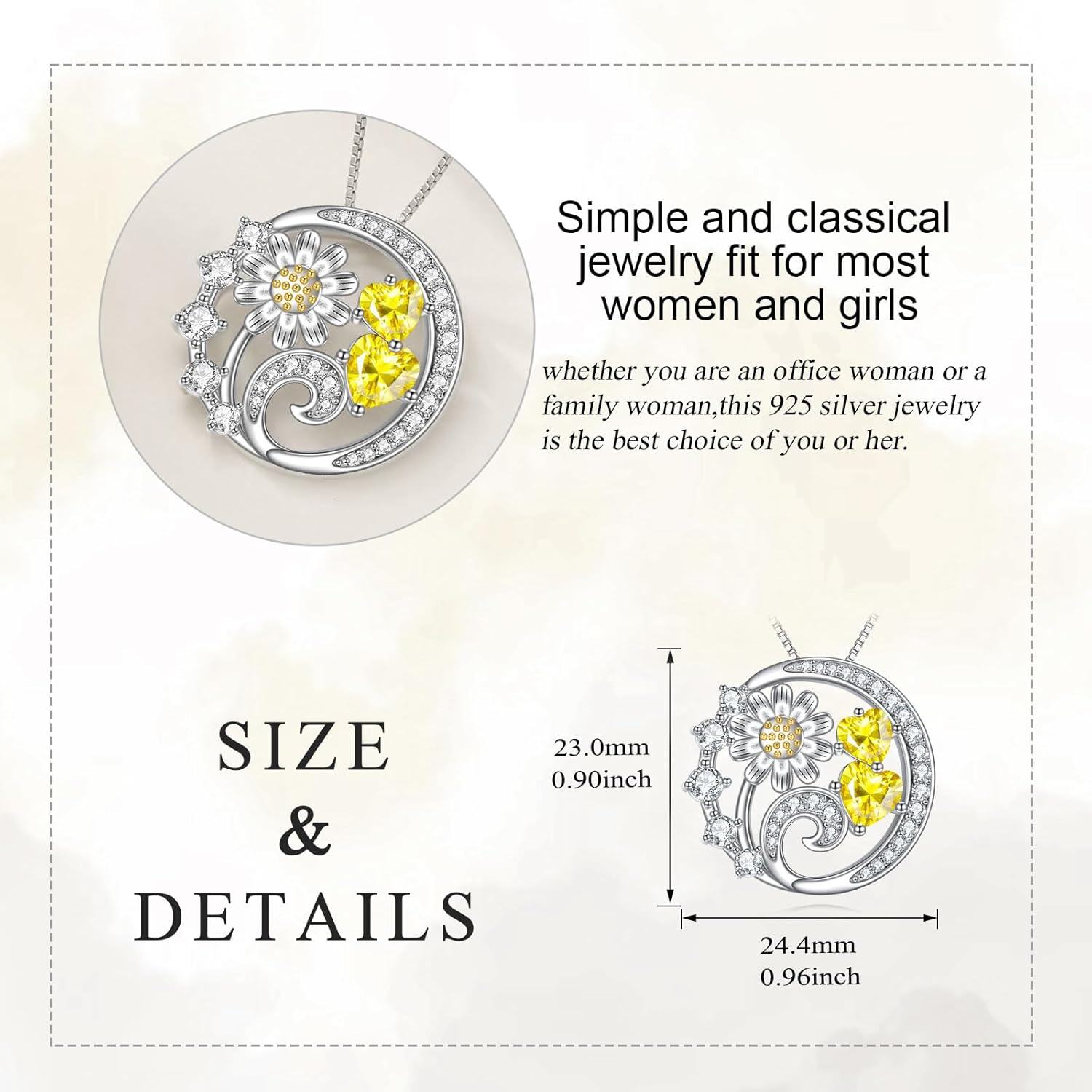 wholesale 925 Sterling Silver CZ Daisy & Yellow Heart Pendant Necklace for Women-0-4