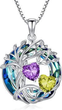 wholesale 18K White Gold Filled Sterling Silver Family Tree Pendant with 2 Heart Birthstones Blue Austrian Crystal Necklace for Women-02-08-Feb-Aug Birthstone