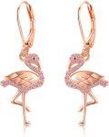 wholesale Rose Gold Plated 925 Sterling Silver Pink Crystal Flamingo Leverback Drop Earrings for Women Girls  4cm Long-0-0