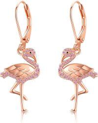 wholesale Rose Gold Plated 925 Sterling Silver Pink Crystal Flamingo Leverback Drop Earrings for Women Girls  4cm Long-flamingo