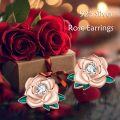 wholesale Gold 925 Sterling Silver Rose Stud Earrings with Cubic Zirconia and Green Leaves for Women's Gifts - Perfect for Birthdays & Holidays-0-16