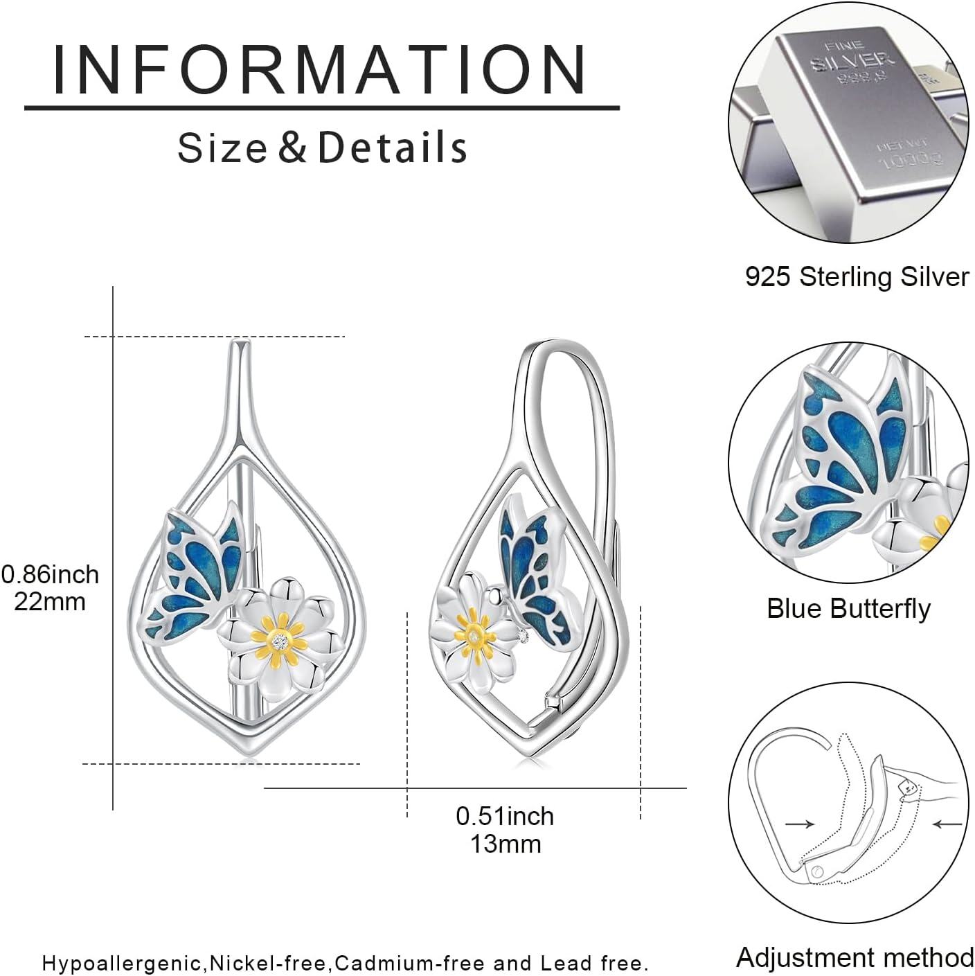 925 Sterling Silver Butterfly Flower Leverback Hoop Earrings with Enamel and Cubic Zirconia-0-3