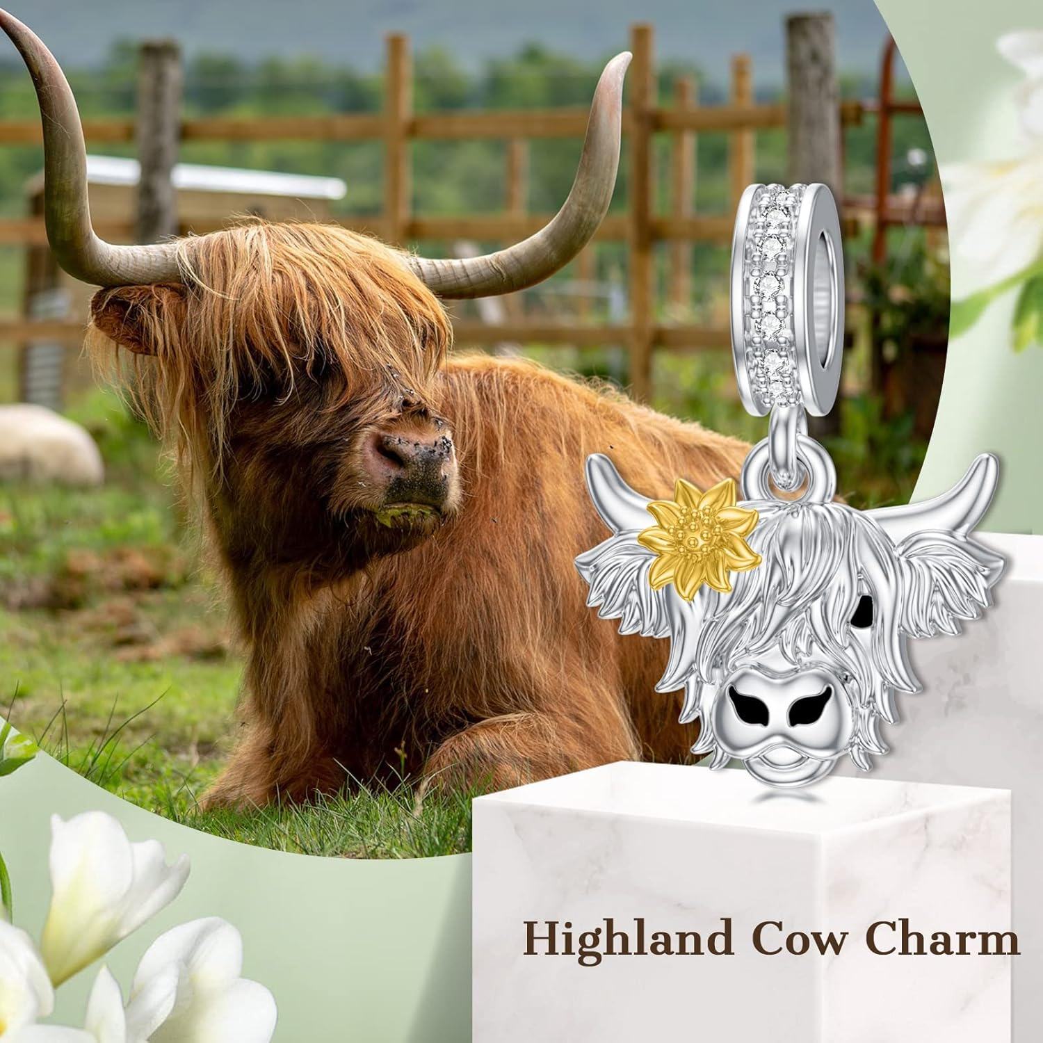 925 Sterling Silver Highland Cow Pendant Charm with Flower Accents for Bracelet Necklace Crafting Supplies Jewelry Making DIY Gifts 38x46mm-0-1
