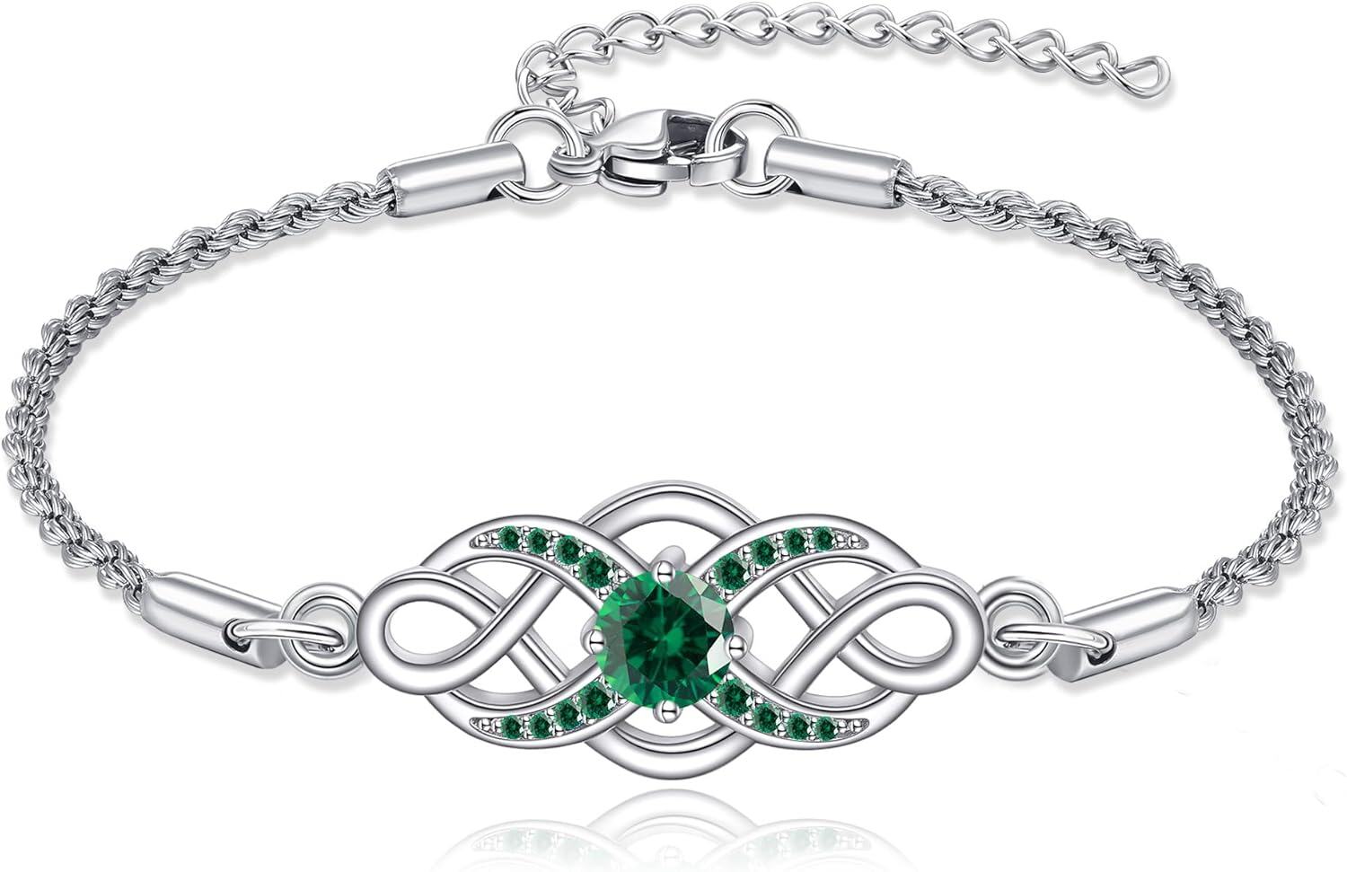 Sterling Silver Irish Birthstone Celtic Knot Infinity Bracelet-05-May-Emerald