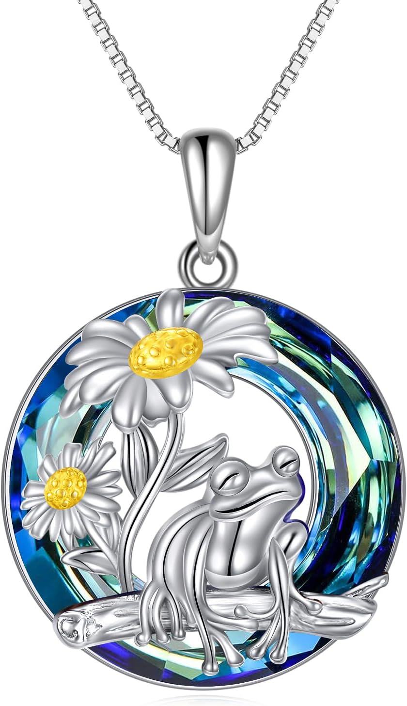 Sterling Silver Gemstone Phoenix Penguin Wolf Fox Highland Cow Hummingbird Frog Sea Turtle Necklace for Women-Frog Necklace