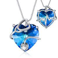 wholesale 925 Sterling Silver Heart Pendant Necklace Wholesale With Red Crystal-925 Silver#09-September-Sapphire