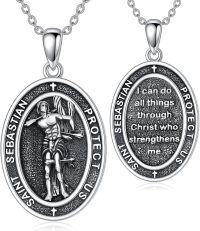 wholesale 925 Sterling Silver Oval Saint Sebastian Protect Us Medal Pendant Necklace with stainless steel chain-Oxidized Silver