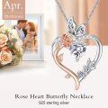 TOUPOP Sterling Silver Diamond April Birthstone Rose Heart Butterfly Pendant Necklace-0-2