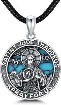 wholesale 925 Sterling Silver Turquoise St. Jude Thaddeus Prayer Medal Pendant Necklace-San Judas