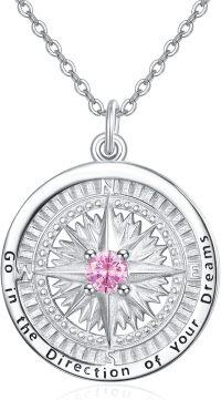 wholesale 925 Sterling Silver Compass Birthstone Necklace - 24mm, 18-20 Chain, Hypoallergenic, Gift for Women-J01-October