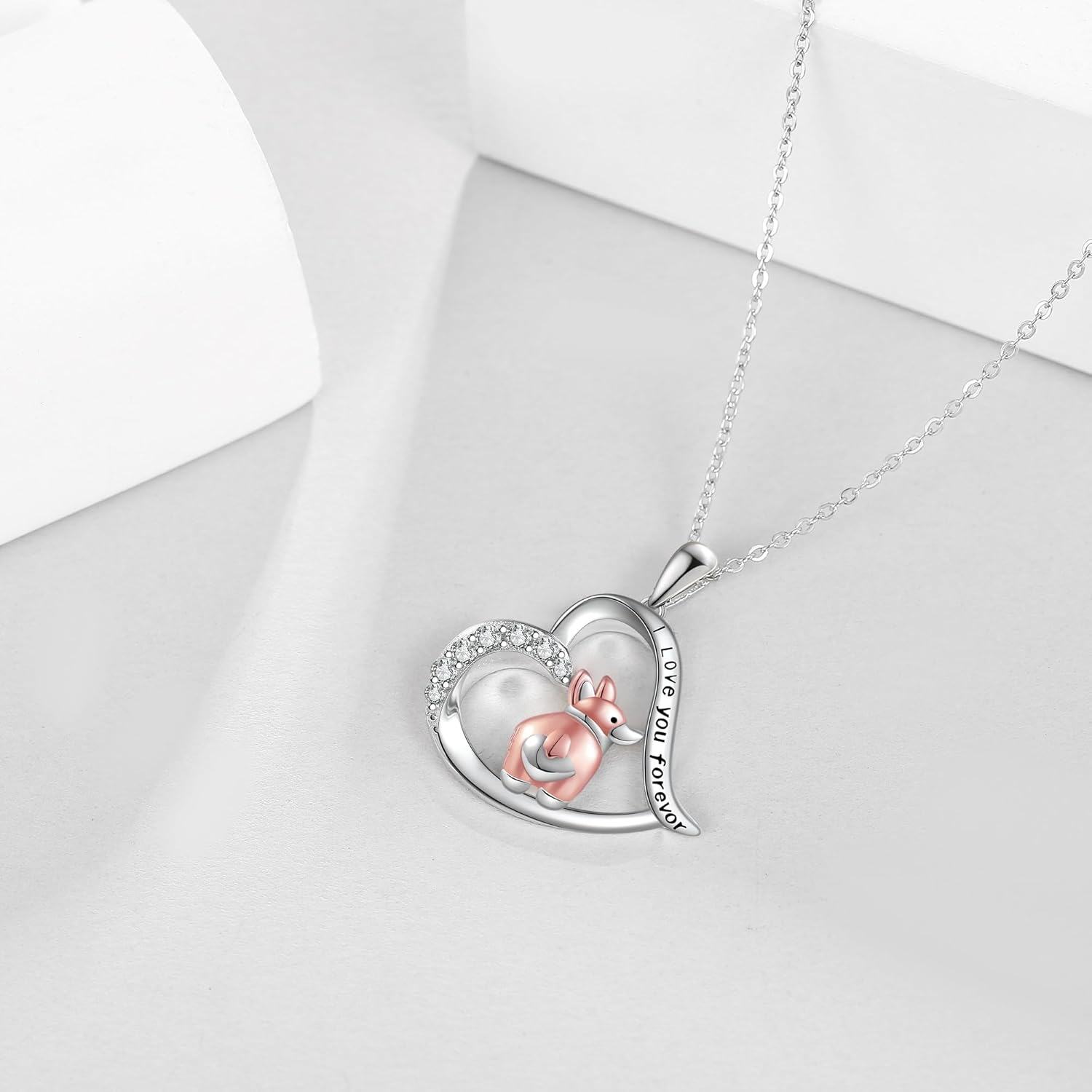 wholesale 925 Sterling Silver Heart-Shaped Kangaroo Necklace with Cubic Zirconia and Engraved Message I Love You Forever for Women Girls (Pink)-0-4