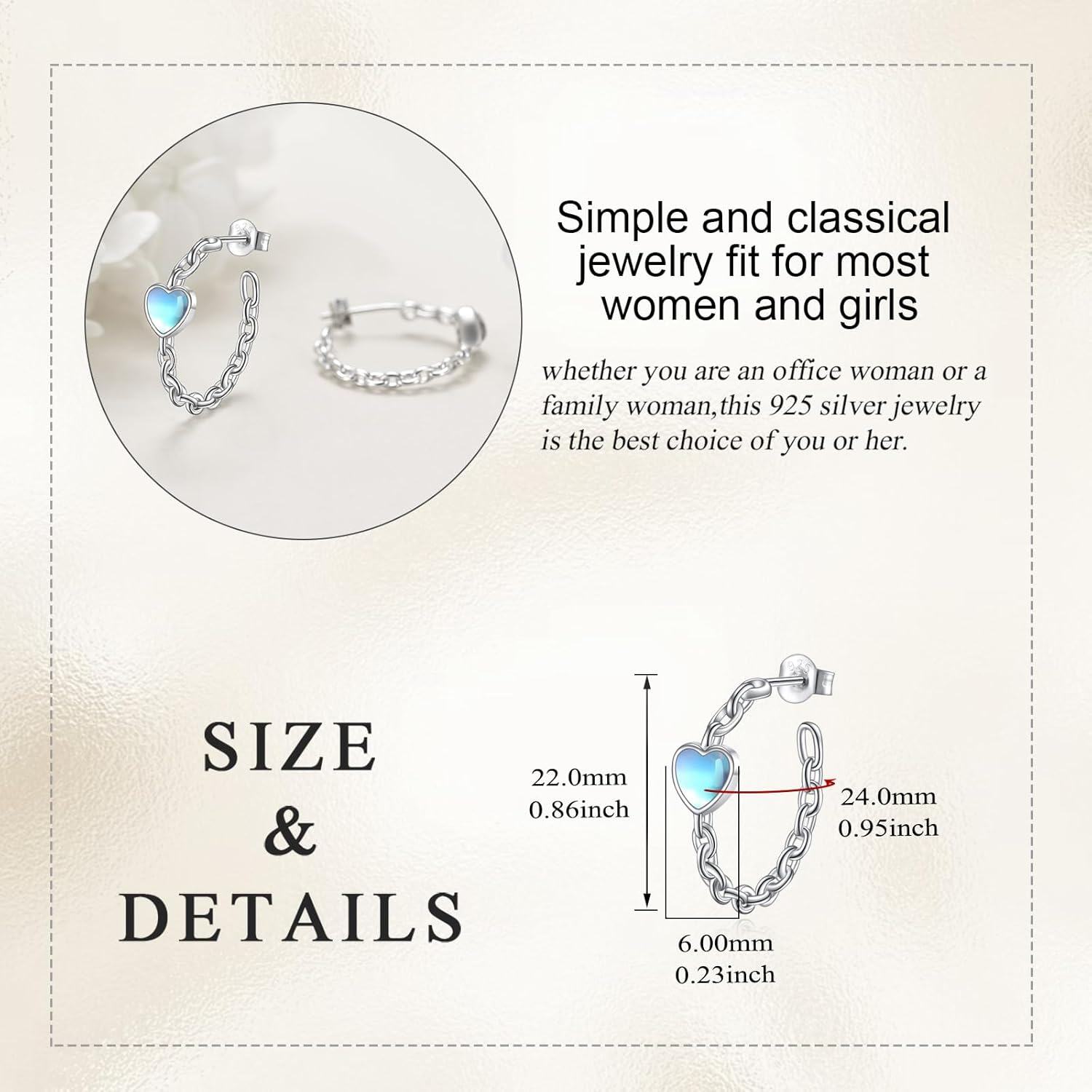 wholesale 925 Sterling Silver Metal Hollow Out Heart Moonstone Twist Chain Huggie Hoop Earrings Hypoallergenic Jewelry for Women-0-2