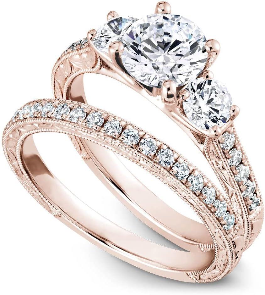 Sterling Silver White Yellow Rose Gold Moissanite D VVS1 Round Bridal Ring Set for Women-6.5 Filigree-3 Pcs Moissanites-Rose Gold Plated