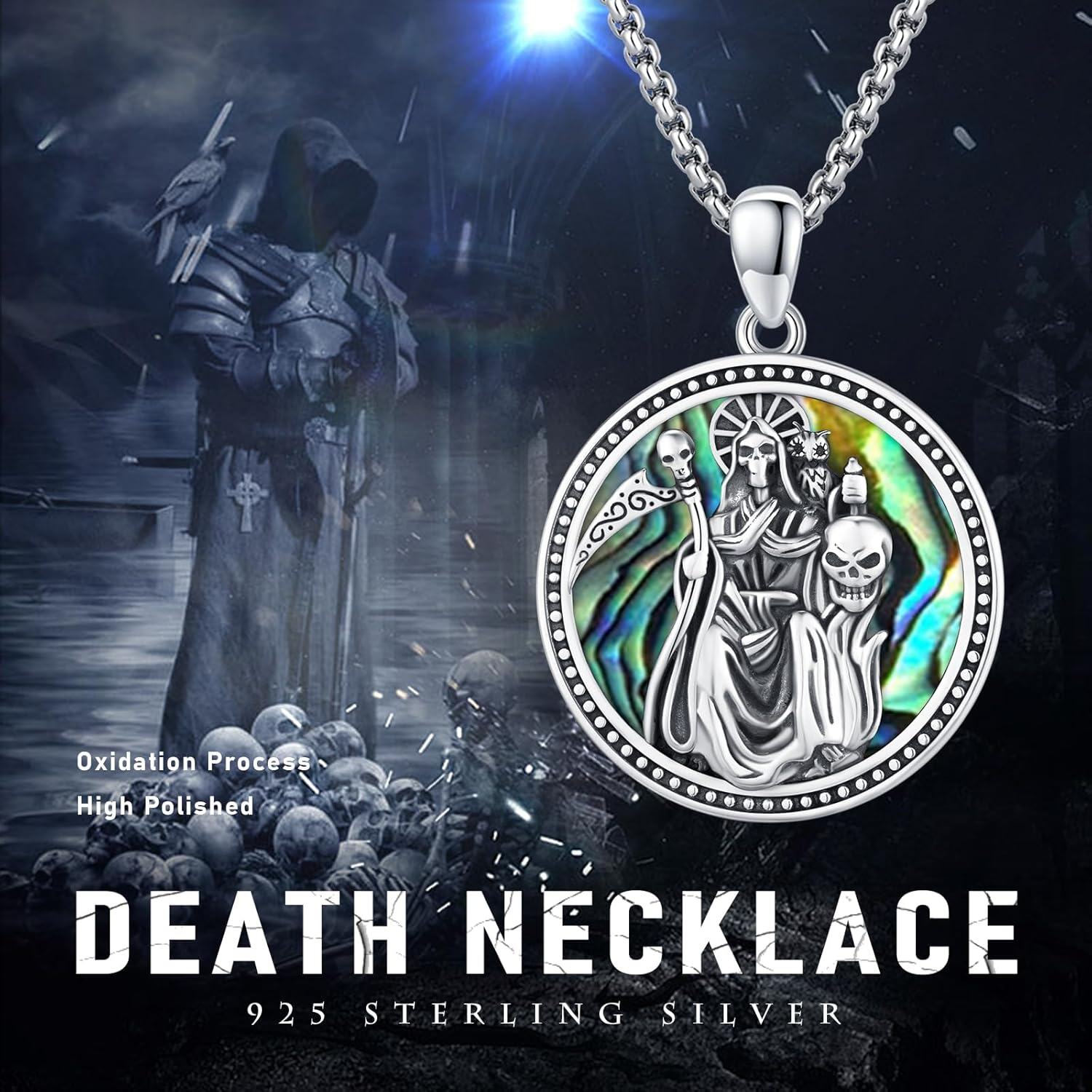 925 Sterling Silver Round Medal Pendant Necklaces for Women Men Gothic Skulls and Skeletons Design Abalone Shell  45cm Chain Length-0-4