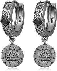 wholesale 925 Sterling Silver Viking Valknut Huggie Earrings with Wolf Claw Celtic Knot and Rune Design-Viking Hoop Earrings-Black
