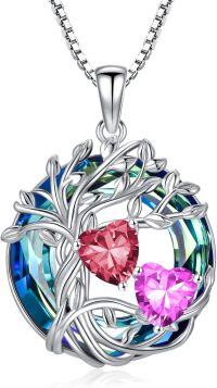 wholesale 18K White Gold Filled Sterling Silver Family Tree Pendant with 2 Heart Birthstones Blue Austrian Crystal Necklace for Women-07-10-Jul-Oct Birthstone