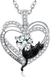 wholesale Sterling Silver Birthstone Cat Projection Heart Pendant Necklace-04 Apr - Simulated Diamond-04 Apr - Simulated Diamond
