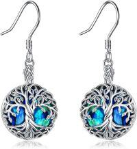 wholesale 925 Sterling Silver Blue Opal Tree of Life Drop Earrings-Abalone Shell