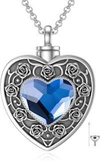 wholesale 925 Sterling Silver Heart Shaped Cremation Jewelry Pendant with Blue Crystal and Funnel Fill Kit-Rose Flowe