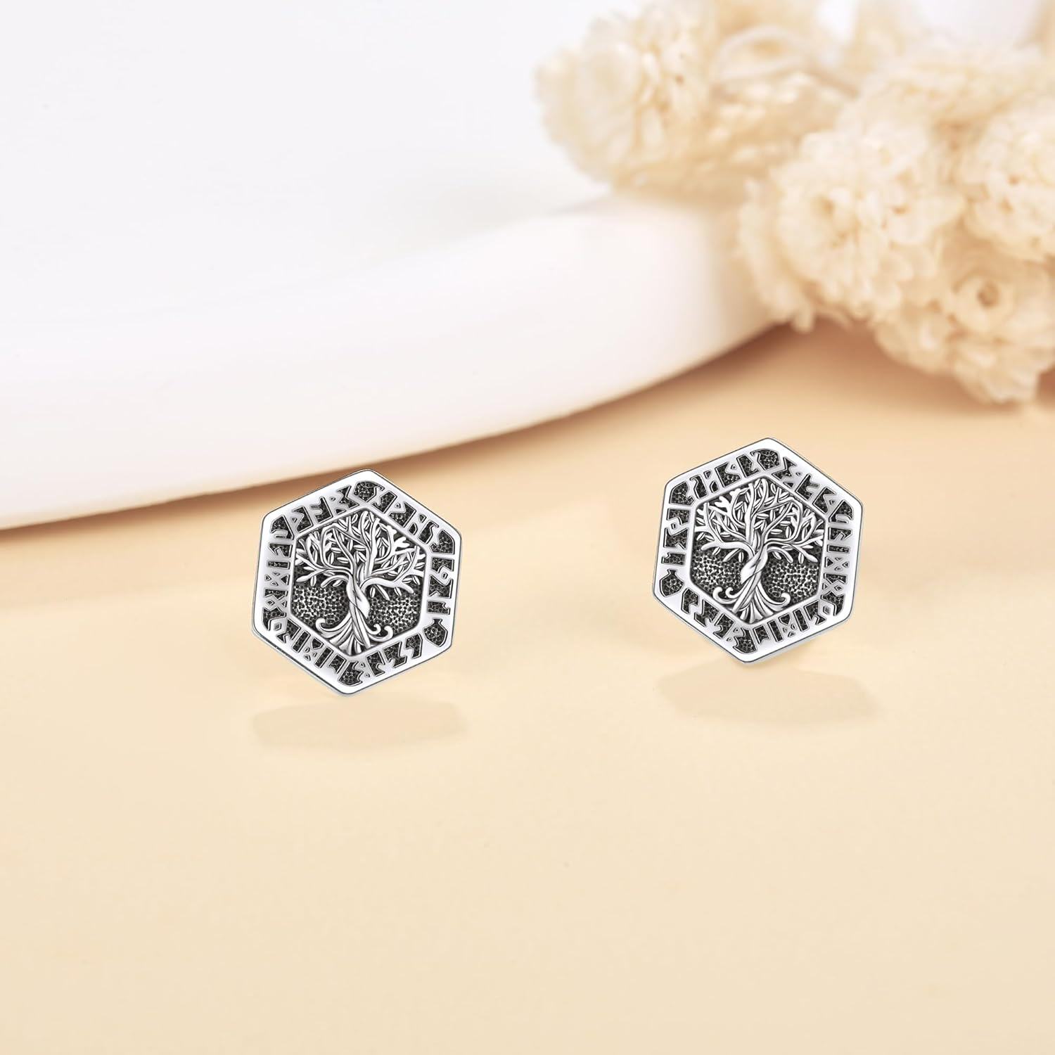 Sterling Silver Abalone Tree of Life Stud Earrings Viking Jewelry -0-3