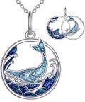 wholesale 925 Sterling Silver Blue Enamel Whale Wave Circle Pendant Necklace Set for Women-0-0