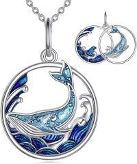wholesale 925 Sterling Silver Blue Enamel Whale Wave Circle Pendant Necklace Set for Women-Whale