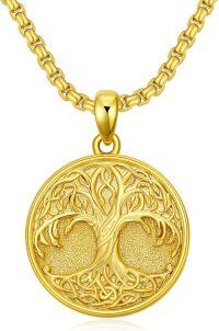 wholesale Black  Celtic Knot Tree Of Life Round Medallion Pendant with 3mm Rolo Chain - Men Women  Set-Gold