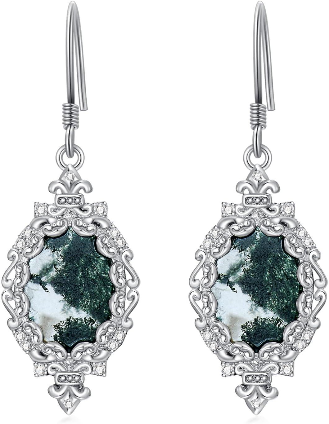 Sterling Silver Moss Agate Dangle Earrings for Women-0-0