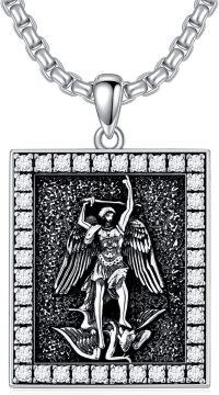 wholesale 925 Sterling Silver Angel Pendant Necklace  with Cubic Zirconia and Black Enamel - Religious Jewelry for Men & Women-St Michael-2
