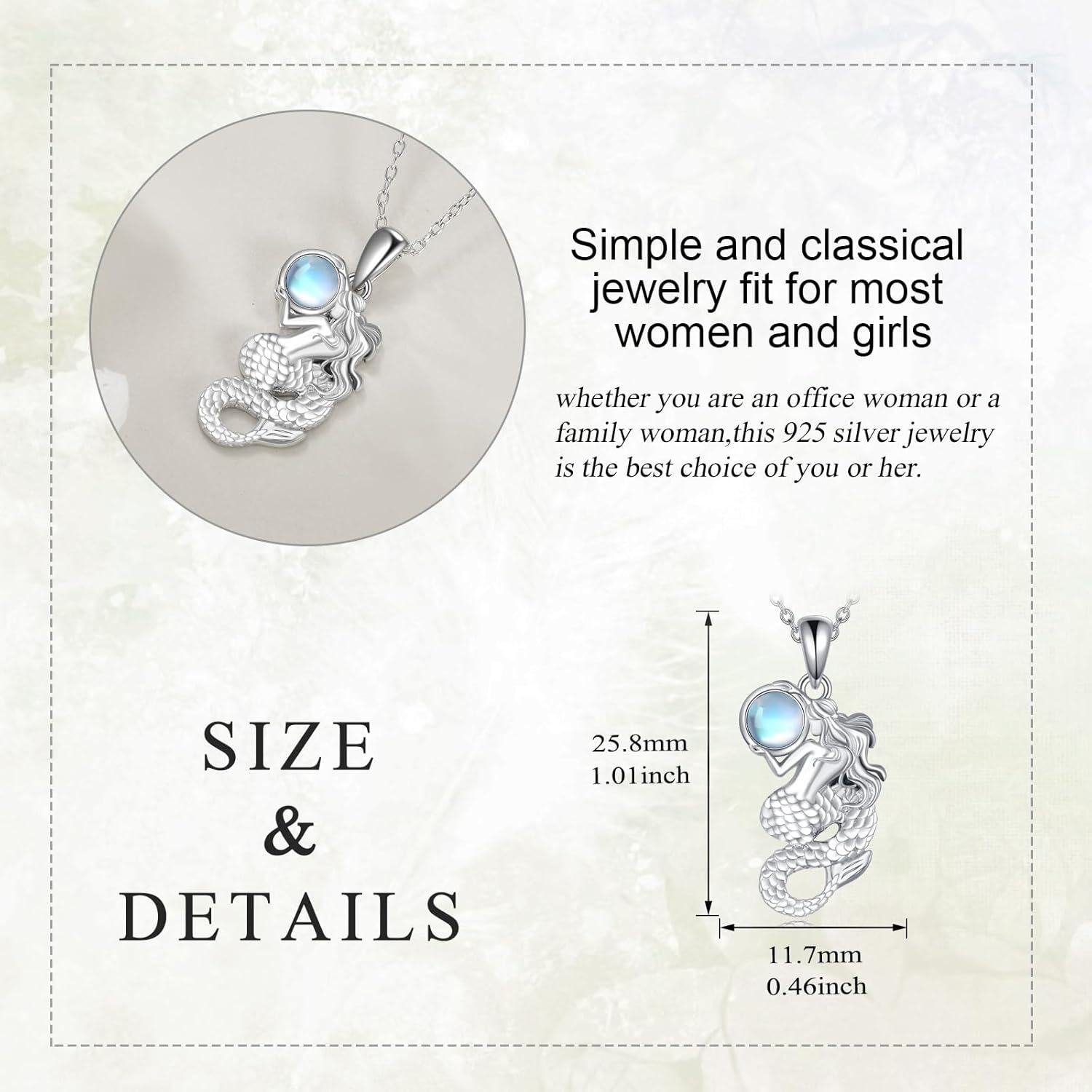 Sterling Silver Moonstone Mermaid Tail Pendant Necklace Ocean Jewelry-0-5